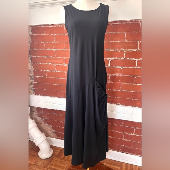 Sarah Pacini Midi Dress Techno Fabric Black Sleeveless Bias Cut Stretch Modern - Picture 4 of 16